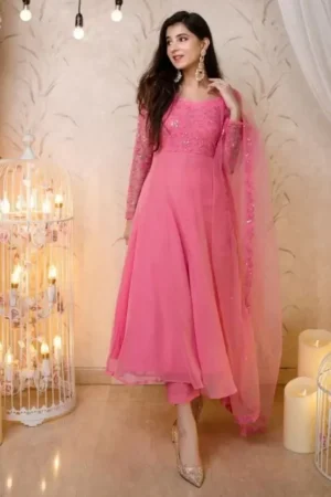 Embroidered Georgette Stitched Anarkali Gown (Pink)