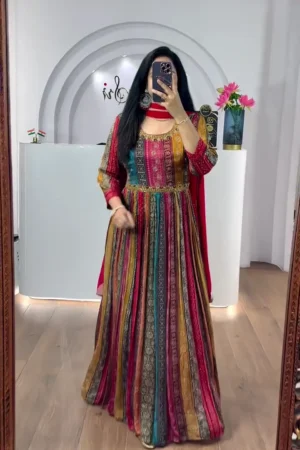 Women’s Digital Multi Color Stylish Floor Length Anarkali Thread Sequence Work Gown with Dupatta
