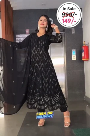 Women Black Colour Embellished Anarkali Kurta Set with Dupatta