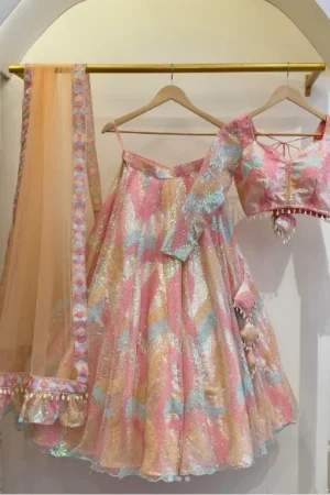 Pink Floral Print, Embellished Stitched Lehenga Choli