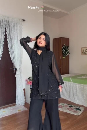 Women’s Black Sharara Suit Set with Sheer Sleeves – 2000s Bollywood Style Ethnic Outfit
