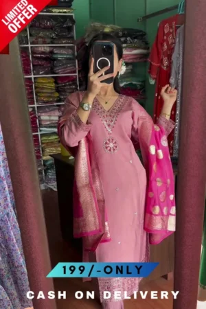 Women Silk Blend Pink Colour Kurta Pant Dupatta Set