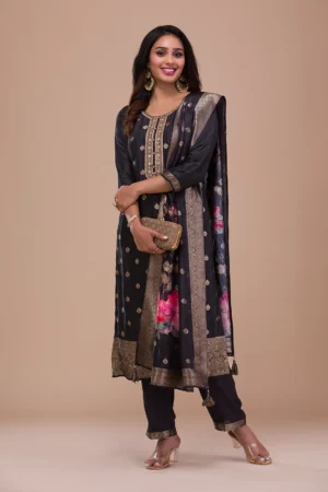 Black Zariwork Art Silk Readymade Salwar Suit