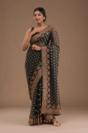 Bottle Green Zariwork Georgette Saree