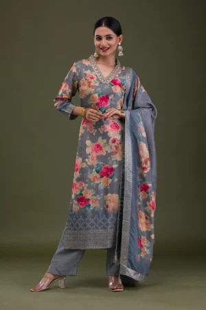 Grey Printed Semi Crepe Readymade Salwar Suit