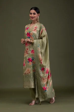 Pista Green Printed Semi Crepe Readymade Salwar Suit