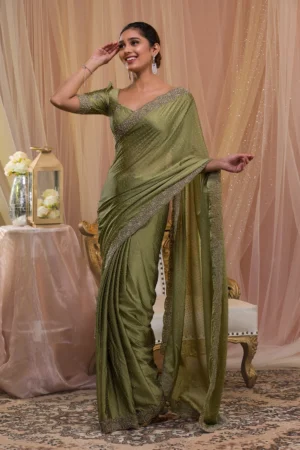 Pista Green Stonework Crepe Designer Saree