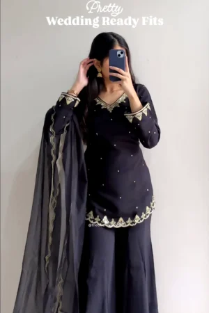 Women’s Black Viscose Chanderi Embroidered Ethnic Straight Kurta Set with Dupatta