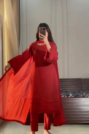 Floral Embroidered Bell Sleeves Organza Straight Kurta With Trousers & Dupatta